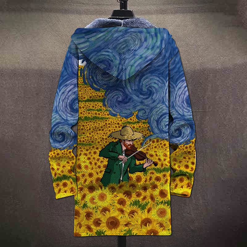 Famous Oil Painting Starry Sky And Sunflower Field Print Unisex Plush Thick Long-sleeved Fleece Jacket Coat - image 4
