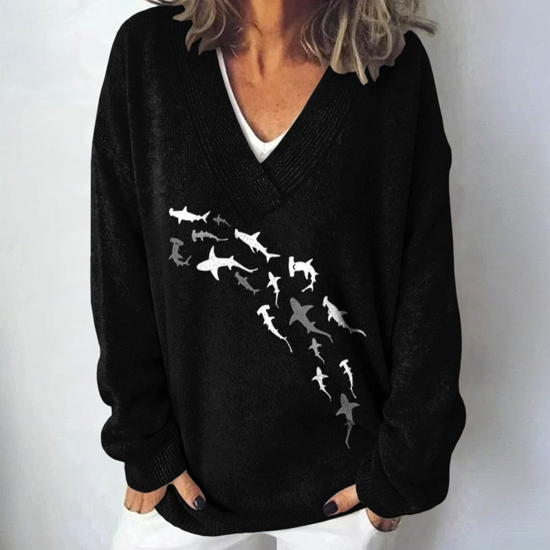 Shark Print Causal V-neck Pullover Sweater - Black - 4XL - image 3