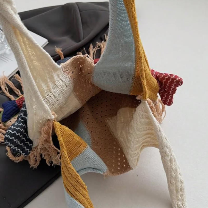 Boho Fish Charm Crochet Patchwork Knitted Beach Tote Bag - image 5