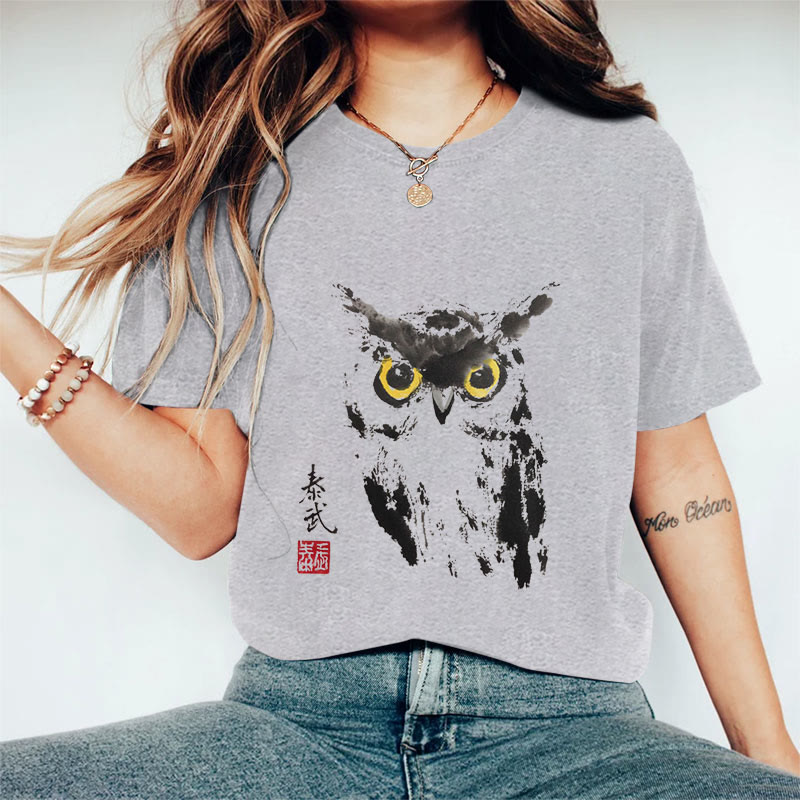 100% Cotton Women's Owl Art Print Casual T-Shirt - Grey - 2XL - image 4