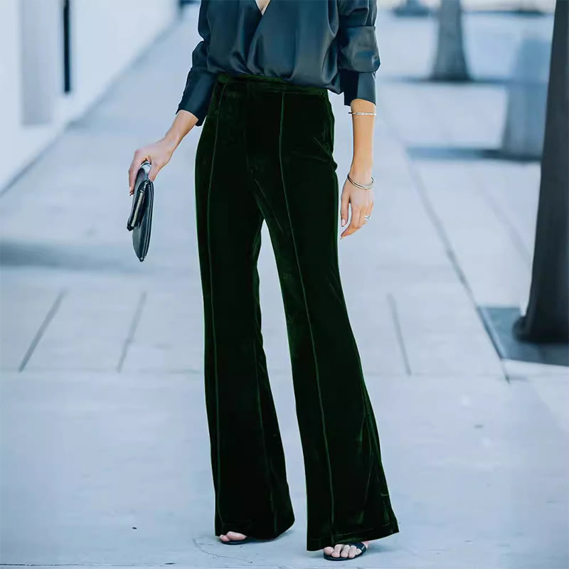 Women's Autumn/Winter High-Waisted Flared Wide-Leg Velvet Casual Pants - Dark Green - 2XL - image 3
