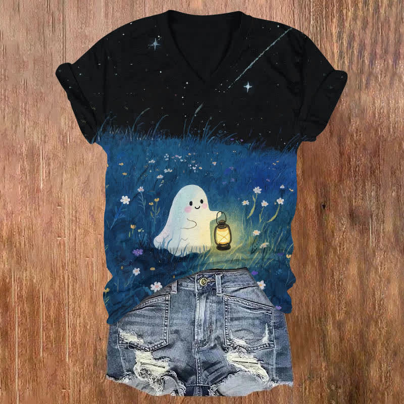 Halloween Lovely Ghost Holding Kerosene Lamp Art Print V-neck T-shirt - Black - US32-34(5XL) - image 2