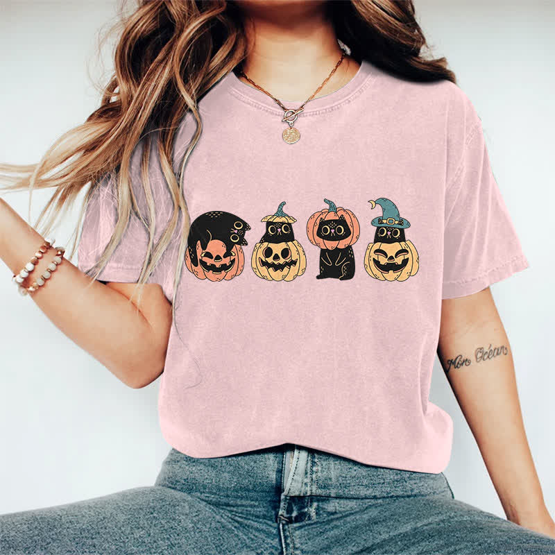 100% Cotton Halloween Funny Black Kitten & Pumpkin Art Print T-shirt - Pink - 2XL - image 11