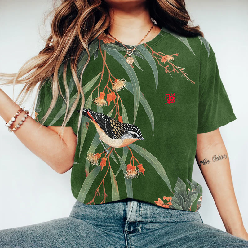 Japanese Vintage Little Bird Pattern Print Round Neck T-shirt - Green - US44-46(8XL) - image 3