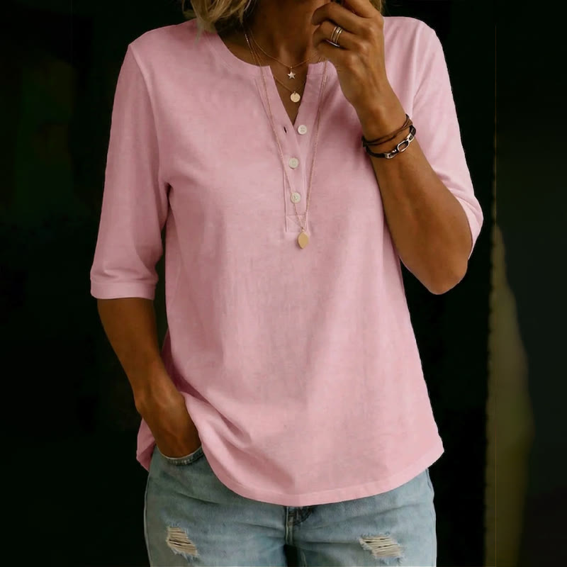 Simple Cozy Henley-collar Mid-sleeve Cotton T-shirt - Pink - US32-34(5XL) - image 7