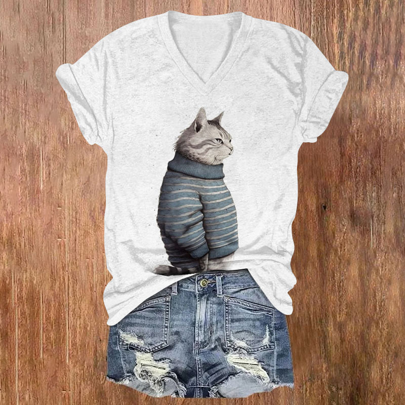 Cute Striped Sweater Cat Print V-neck T-shirt