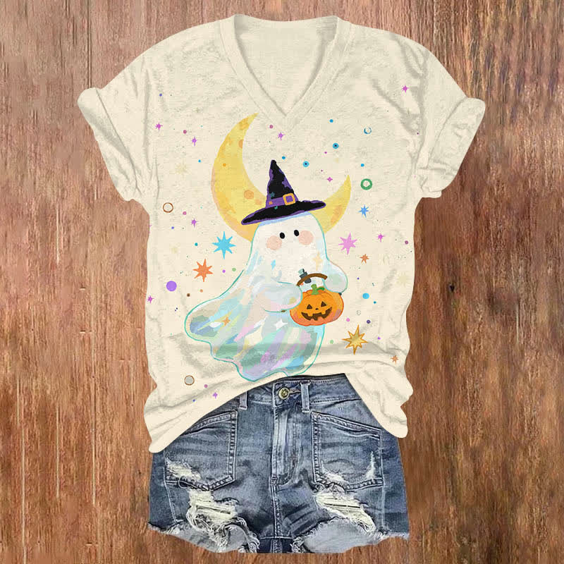Halloween Watercolor Cute Ghost Holding Pumpkin Art Print V-neck T-shirt - Beige - US32-34(5XL) - image 3