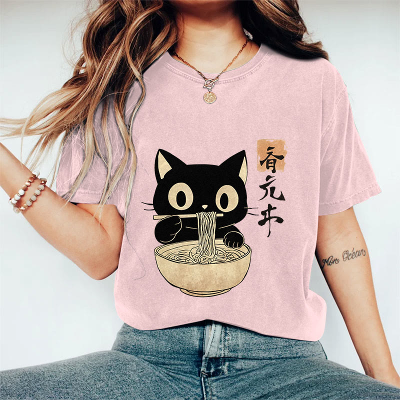100% Cotton 	 Vintage Japanese Cute Cat Eating Ramen Art Print T-shirt - Pink - US16-18(2XL) - image 2