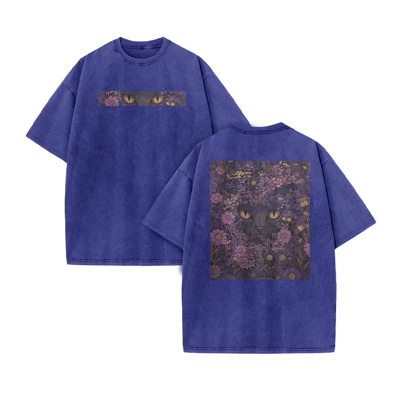 A Black Cat In A Field Of Purple Flowers Print Acid Washed T-shirt - Blue - US20-22(3XL) - image 8