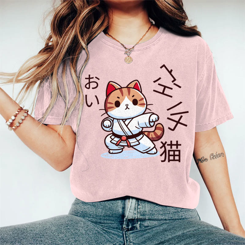 100% Cotton Women's Japanese Taekwondo Cat Art Print Casual T-shirt - Pink - 2XL - image 4