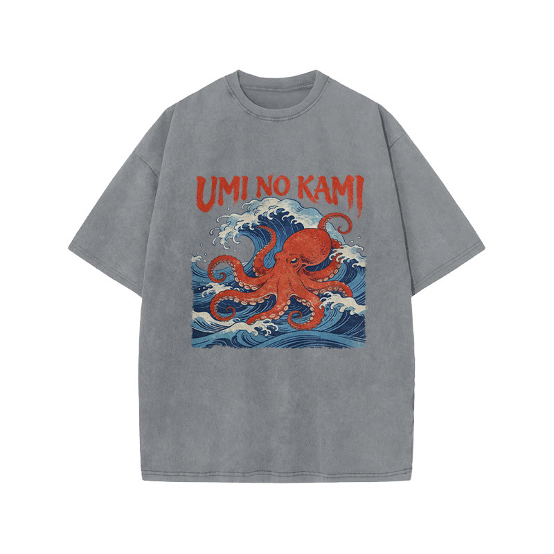 Japanese Ocean Wave Octopus Print Acid Washed T-shirt - Grey - US20-22(3XL) - image 6