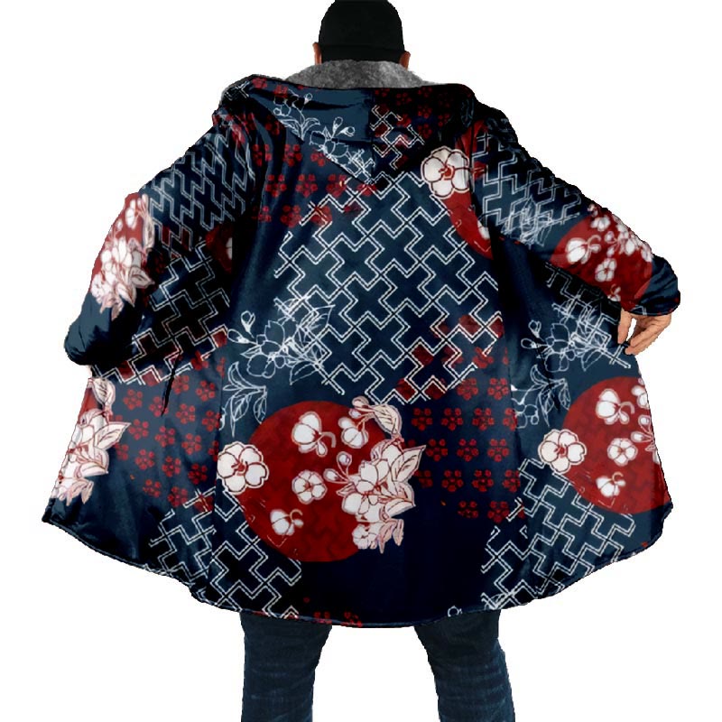 Japanese Geometric Sakura Art Print Unisex Plush Thick Long-sleeved Fleece Jacket Coat - image 5
