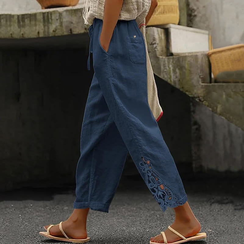 Elegant Solid Lace-trimmed Cuffs Pocket Loose-fitting Drawstrings Pants - Blue - 2XL - image 4