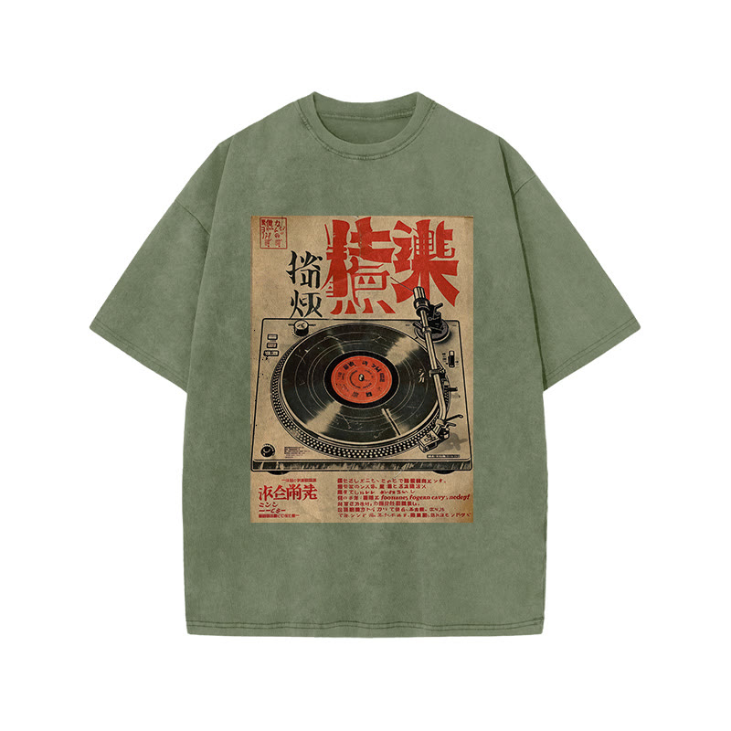 Japanese Turntable Pattern Print Acid Washed T-shirt - Army Green - US20-22(3XL) - image 5