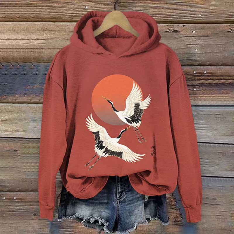 Japanese Vintage White Crane Flying Under The Sun Print Long Sleeve Hoodie - Red - US44-46(8XL) - image 2
