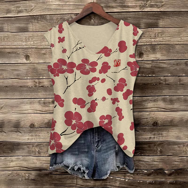 Cherry Blossom Japanese Lino Art Print V-neck Tank Top - Red - 5XL - image 3