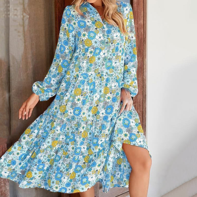 Boho Wildflower Print Shirt  V-neck Lantern Sleeves Mid Dress - Light Blue - XXL - image 4