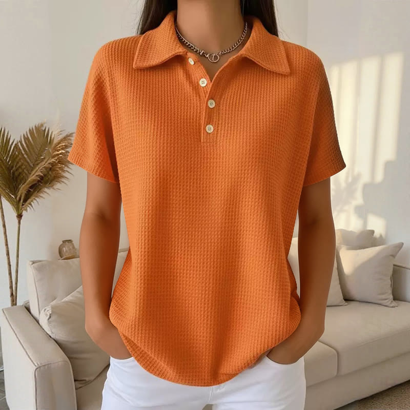 Cozy Waffle Texture Lapel Button Short-sleeve Polo T-shirt - Orange - US32-34(5XL) - image 3