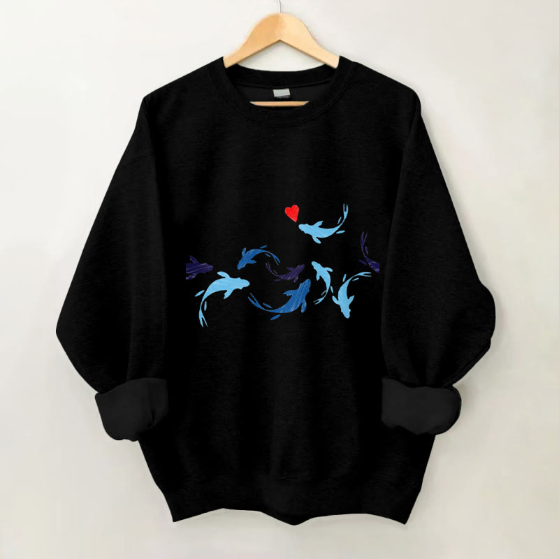 100% Cottonvalentine Fish Hearts Print Crew Neck Sweatshirt - Black - 2XL - image 3