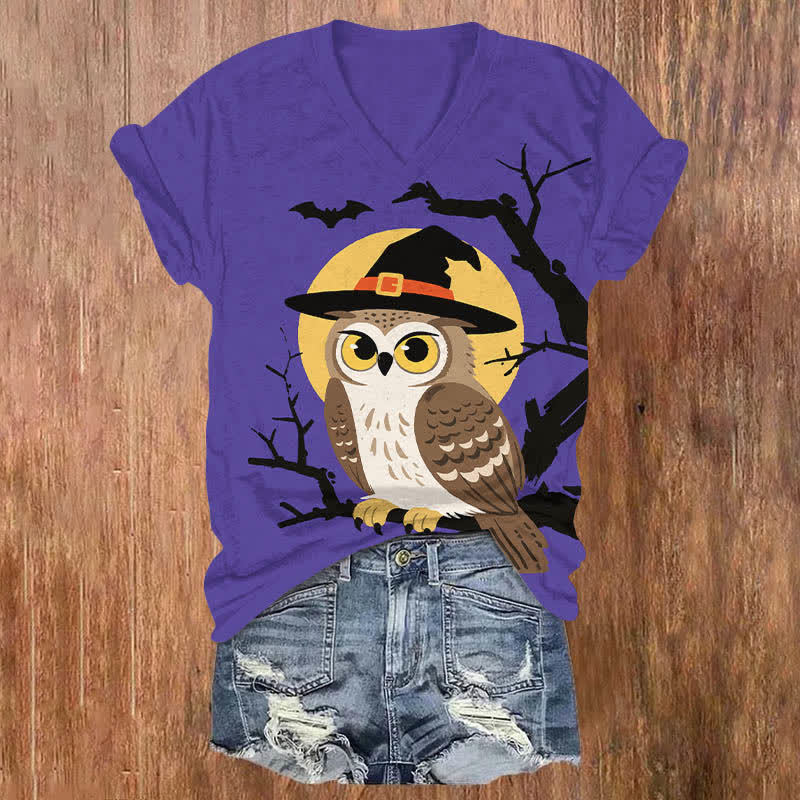 Halloween Cute Wizard Owl Art Print V-neck T-shirt - Purple - US32-34(5XL) - image 5