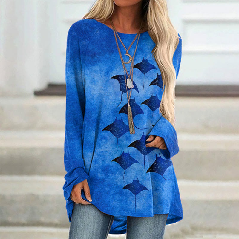 Vintage Manta Ray Art Print Casual Long Sleeve Tunic - Dark Blue - 8XL - image 3