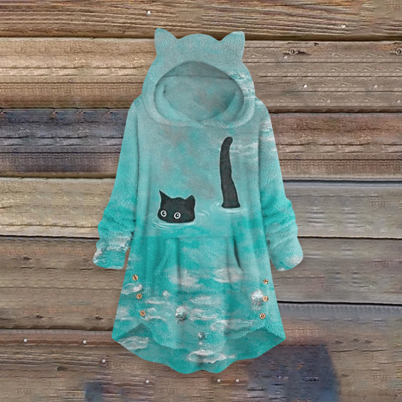 Oil Painting Cat Print Women's Kangaroo Pocket Cute Cat Ear Fuzzy Fleece Hoodie - Light Blue - 6XL - image 2
