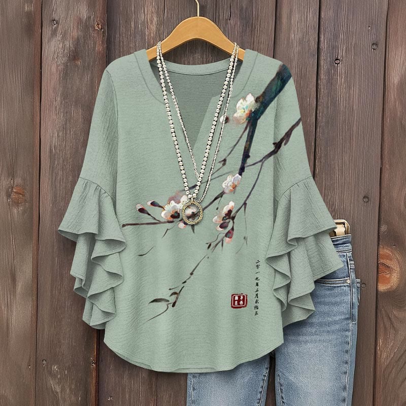 Vintage Plum Blossom Art Print V Neck Half Sleeve Blouse - Green - 5XL - image 3