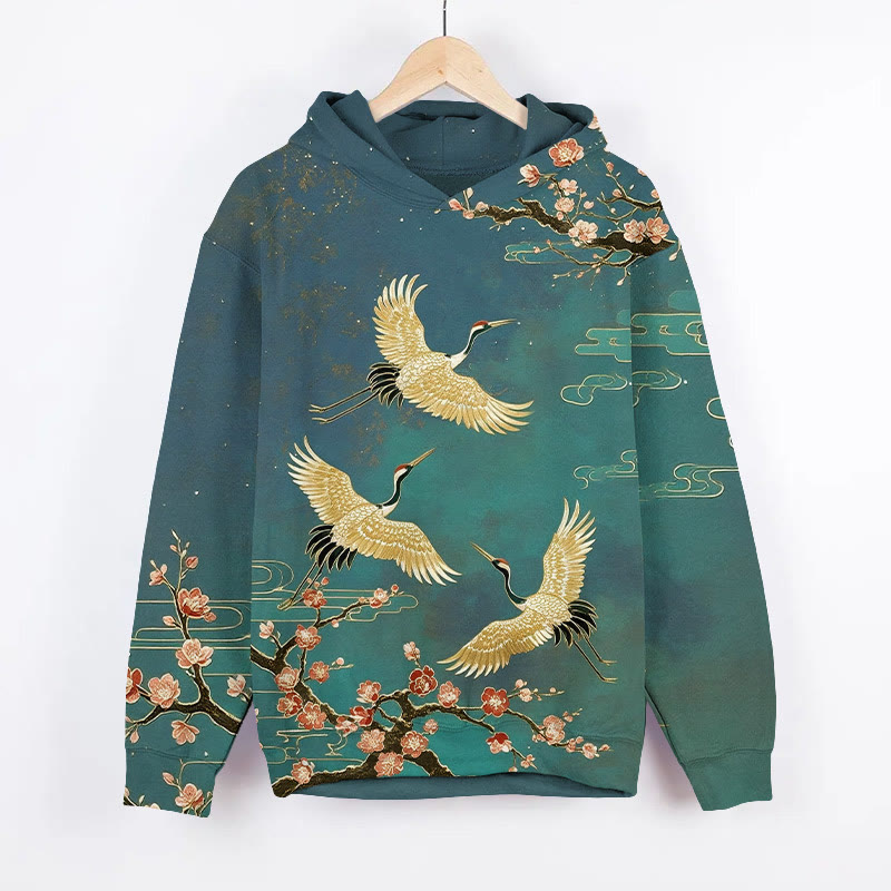  Japanese Vintage Sakura & Flying White Cranes Art Print Long Sleeve Hoodie - image 4