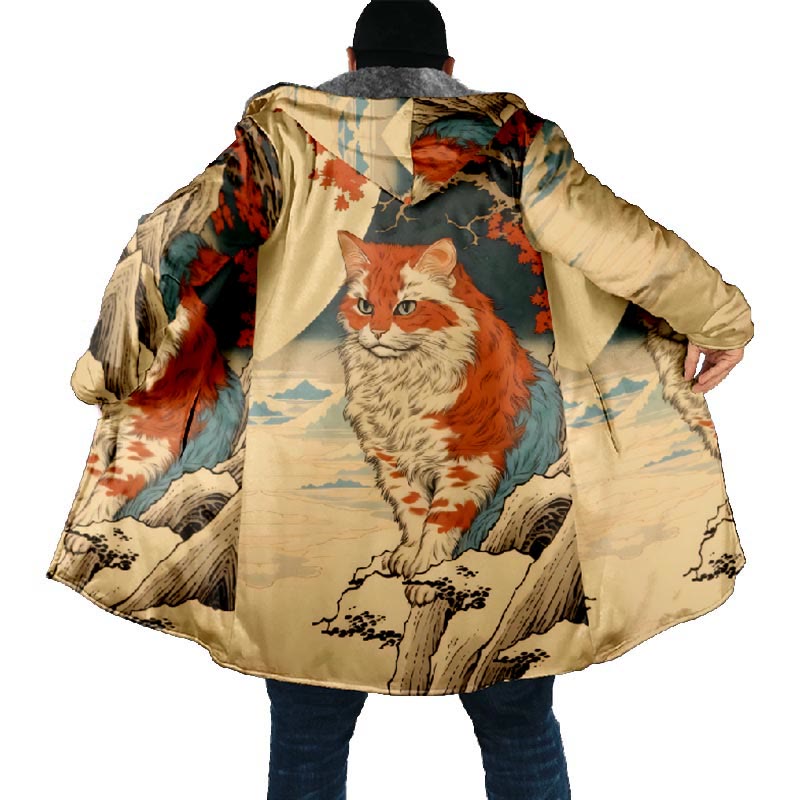 Japanese Mystic Civet Cat Pattern Print Unisex Plush Thick Long-sleeved Fleece Jacket Coat - image 5