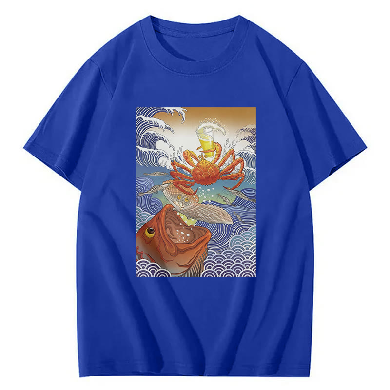 Ukiyo-E Seafood And Beer  Print Short Sleeved Crew Neck T-Shirt - Royal Blue - 2XL - image 5