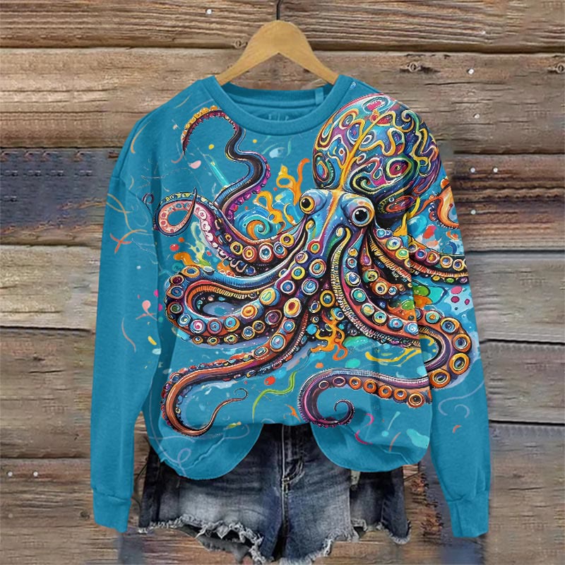 Vintage Rainbow Octopus Art Print Sweatshirt - Lake Blue - 5XL - image 6