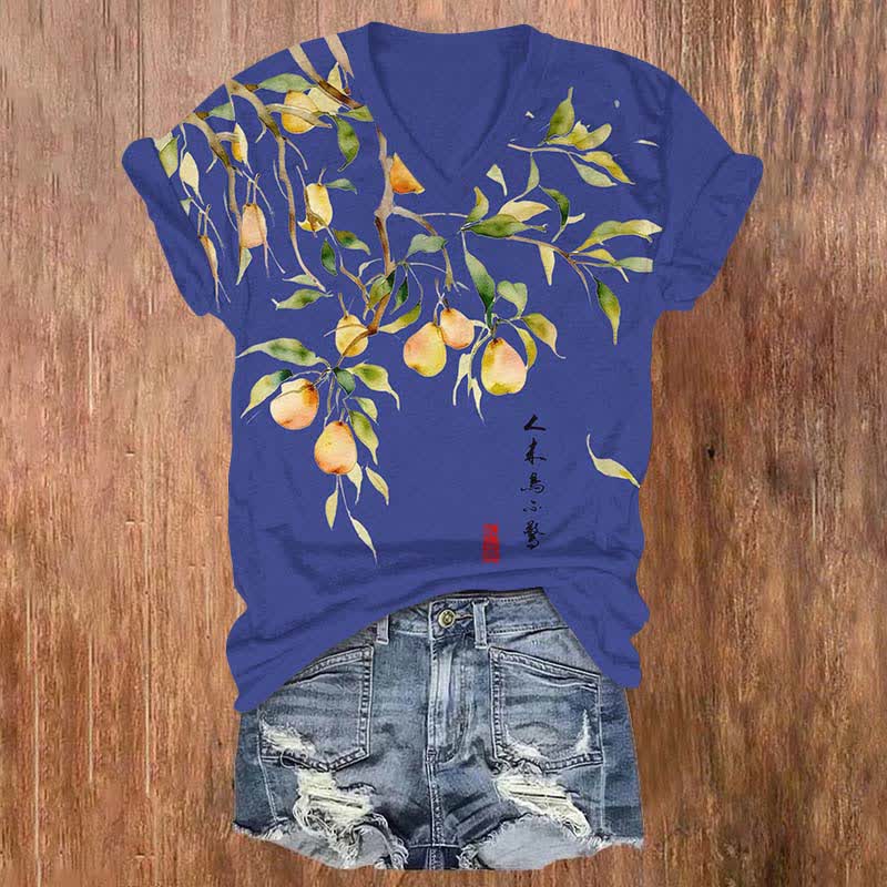 Japanese Vintage Pear Tree Art Print V-neck T-shirt - Blue - US32-34(5XL) - image 6