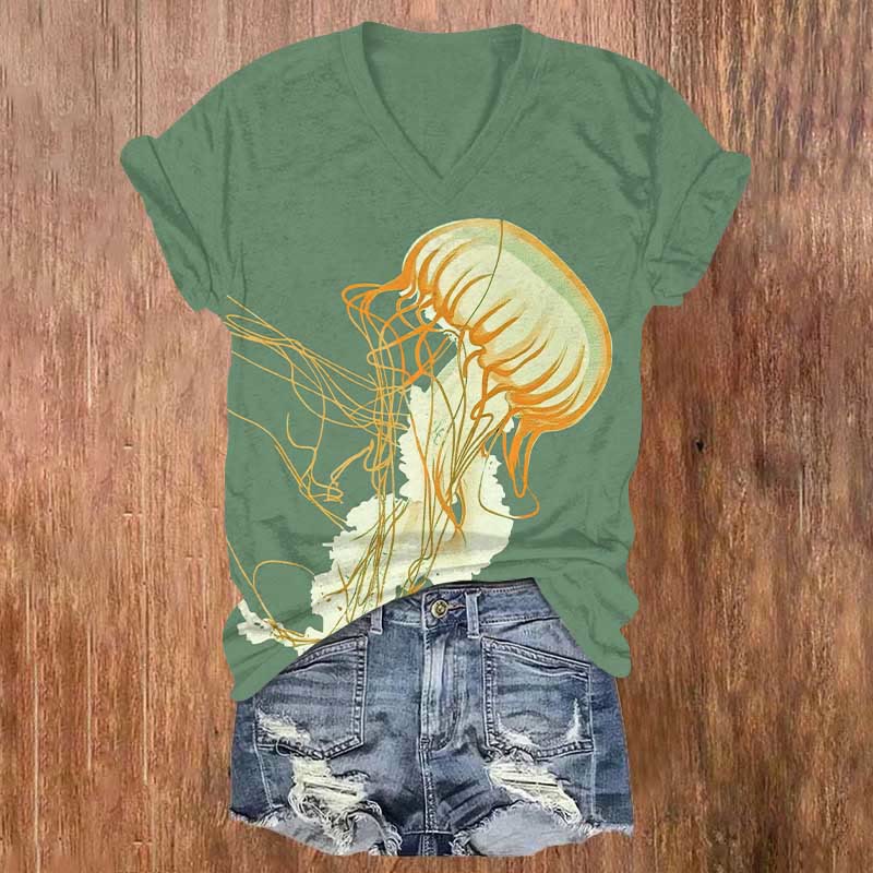 Vintage Abstract Jellyfish Art Print V-neck T-shirt - Green - US32-34(5XL) - image 3