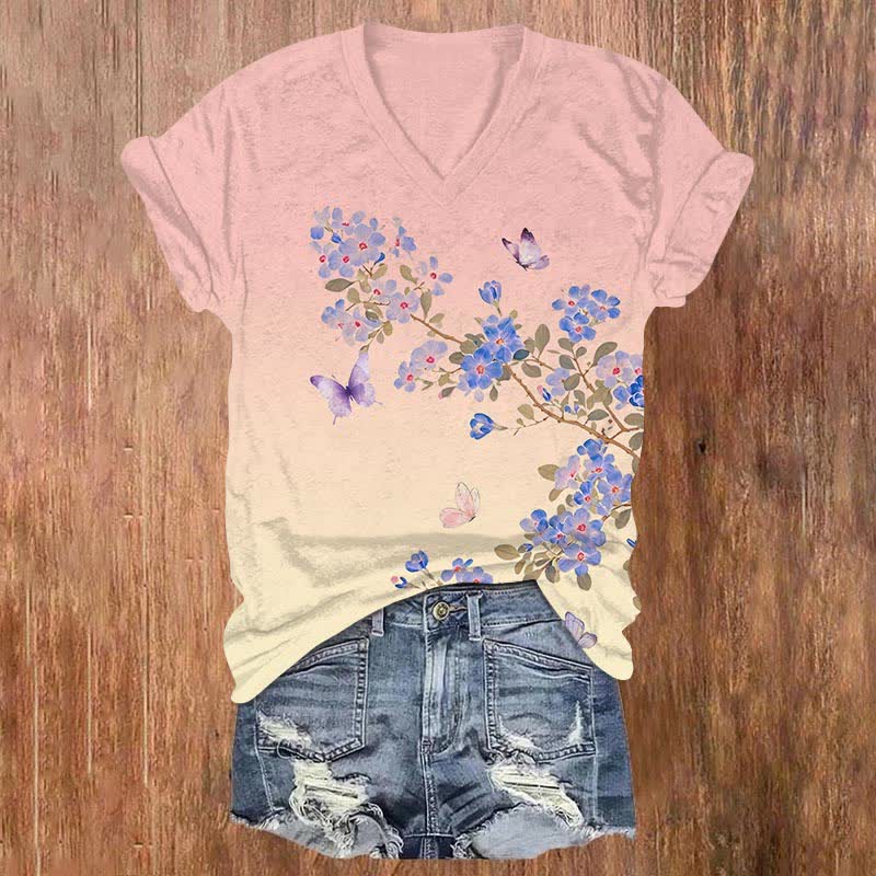 Japanese Ombre Flowers & Butterfly Art Print V-neck T-shirt - Pink - US32-34(5XL) - image 4