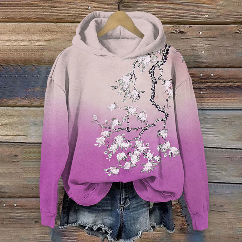 Japanese Watercolor Print Rabbits On The Tree Long Sleeve Hoodie - Purple - US44-46(8XL) - image 3