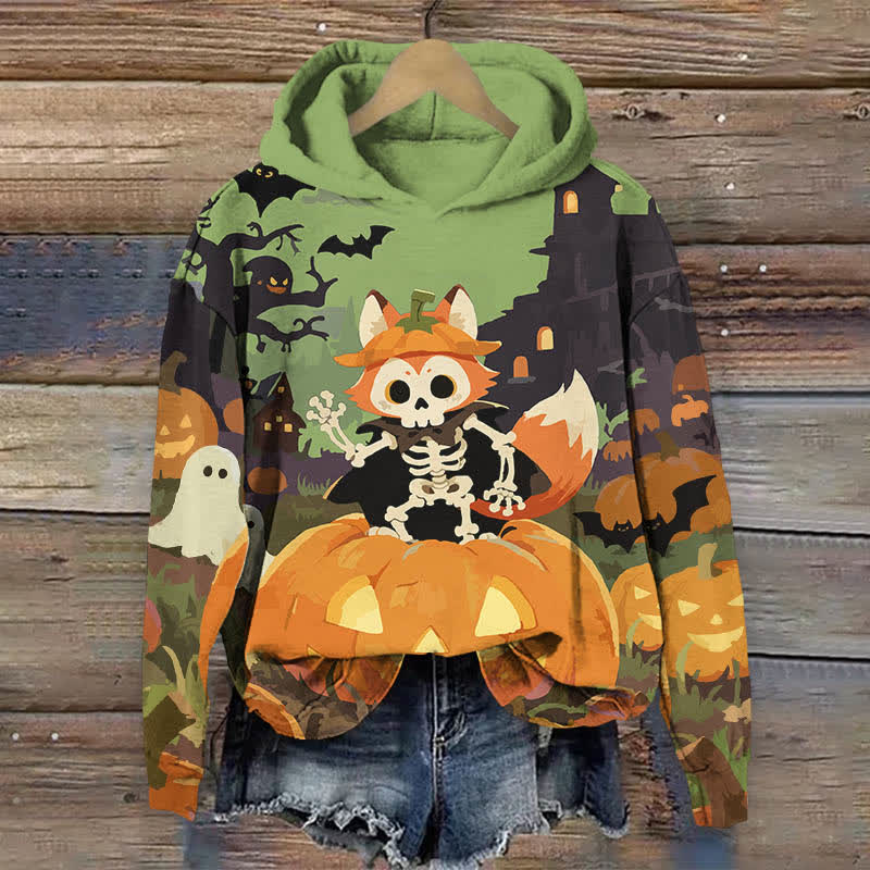 Halloween Bat & Skeleton Fox In A Pumpkin Print Long Sleeve Hoodie - Green - US44-46(8XL) - image 5