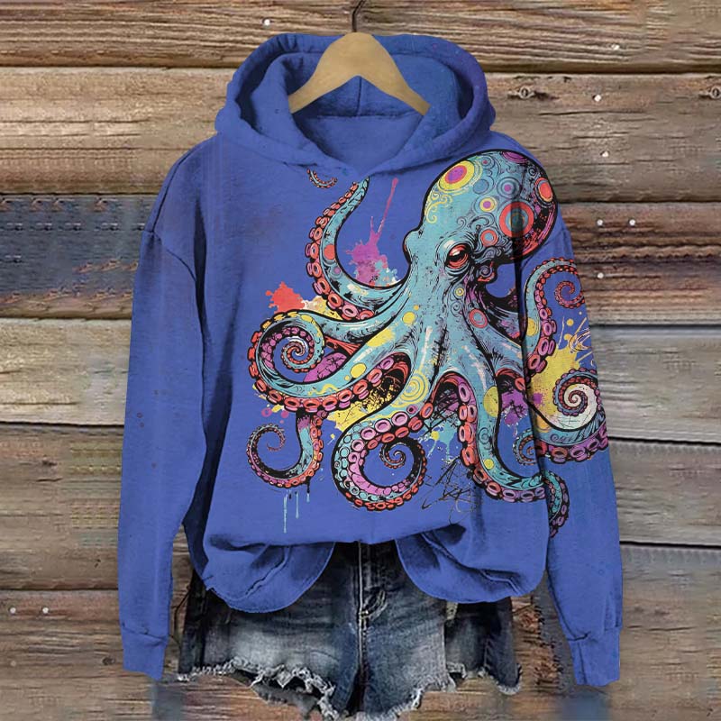 Colorful Geometric Octopus Art Print Long Sleeve Hoodie - Blue - US44-46(8XL) - image 3