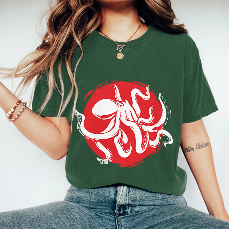 100% Cotton Japanese Abstract Octopus Art T-shirt - Dark Green - 2XL - image 10