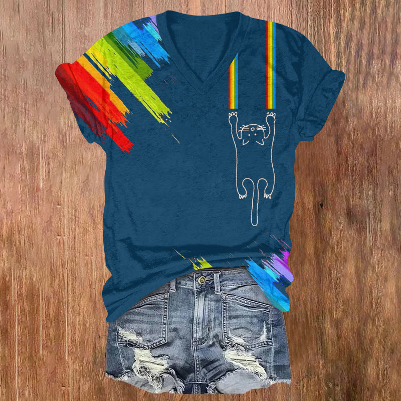 Rainbow Scratches And Black Cat Print Short Sleeved V-neck T-shirt - Blue - US32-34(5XL) - image 3