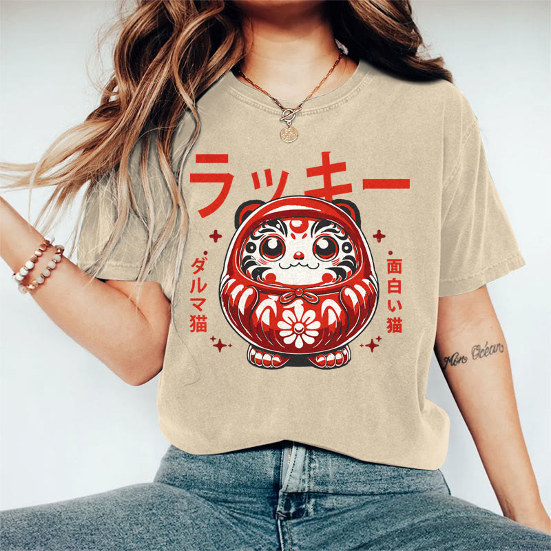100% Cotton Women's Japanese Cute Cat Decoration Art Print Casual T-shirt - Khaki - 2XL - image 2