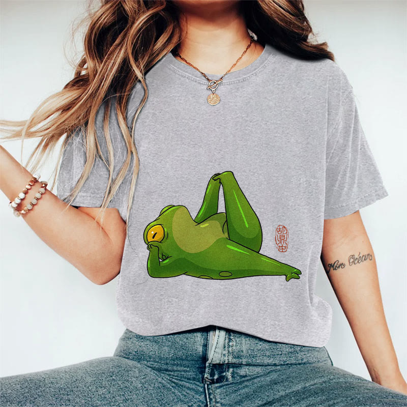 100% Cotton Frog Doing Yoga Art Print Casual T-shirt - Grey - 2XL - image 5