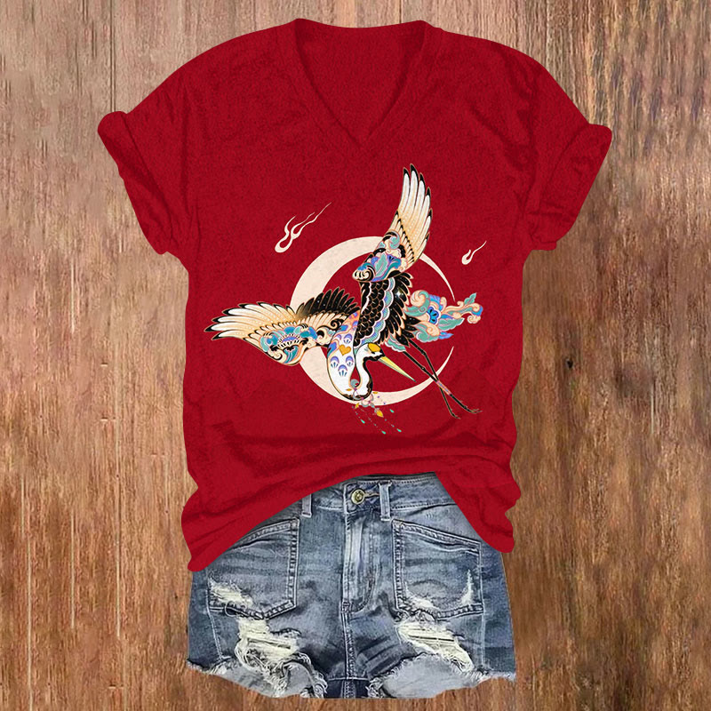 Japanese Creative Ethnic Pattern Bird Art Print V-neck T-shirt - Red - US32-34(5XL) - image 2
