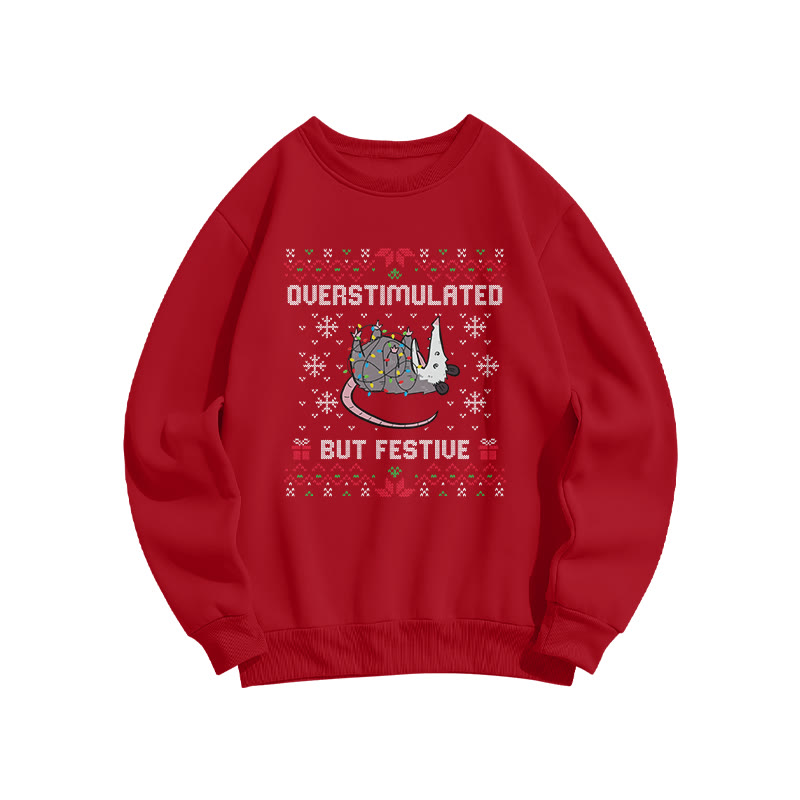 Unisex Overstimulated But Festive Christmas Print Sweatshirt - Red - US16-18(2XL) - image 3