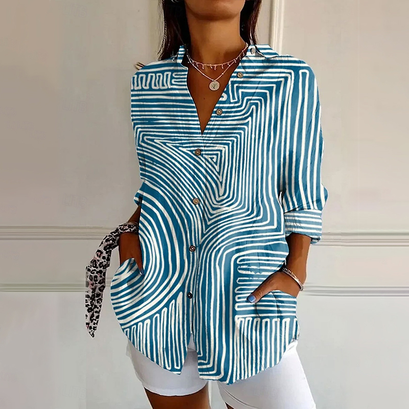 Minimalist Abstract Lines Pattern Print Long Sleeve Blouse - Blue - 4XL - image 1