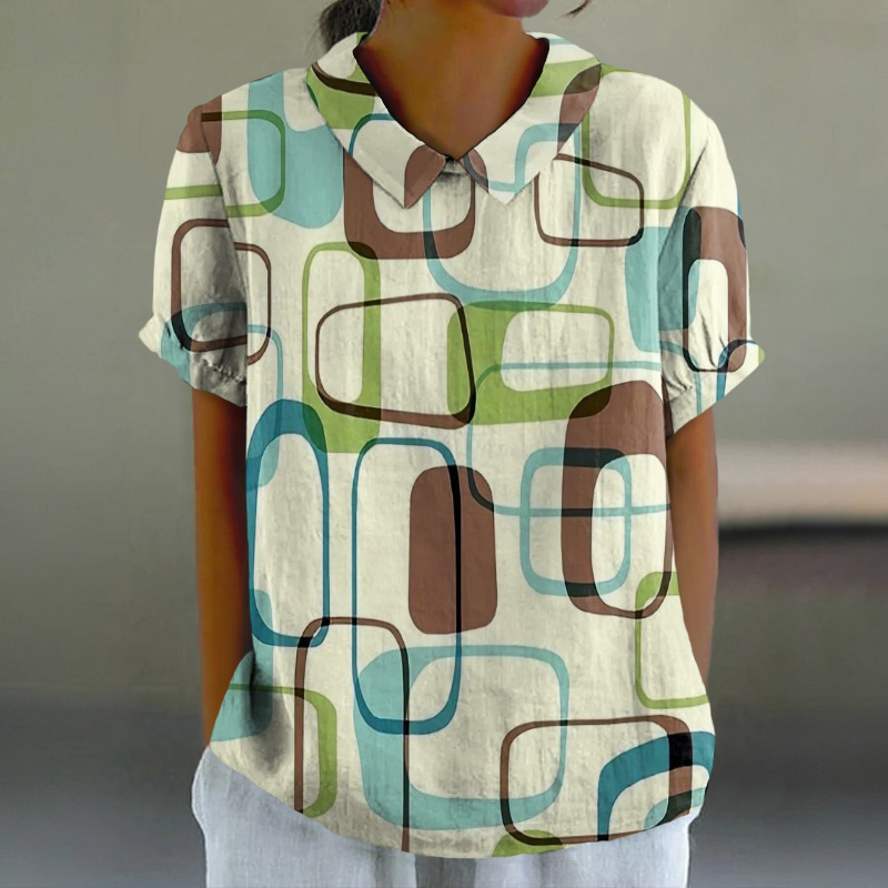 Vintage Geometric Pattern Print Casual Lapel Loose Blouse - Beige - 6XL - image 1