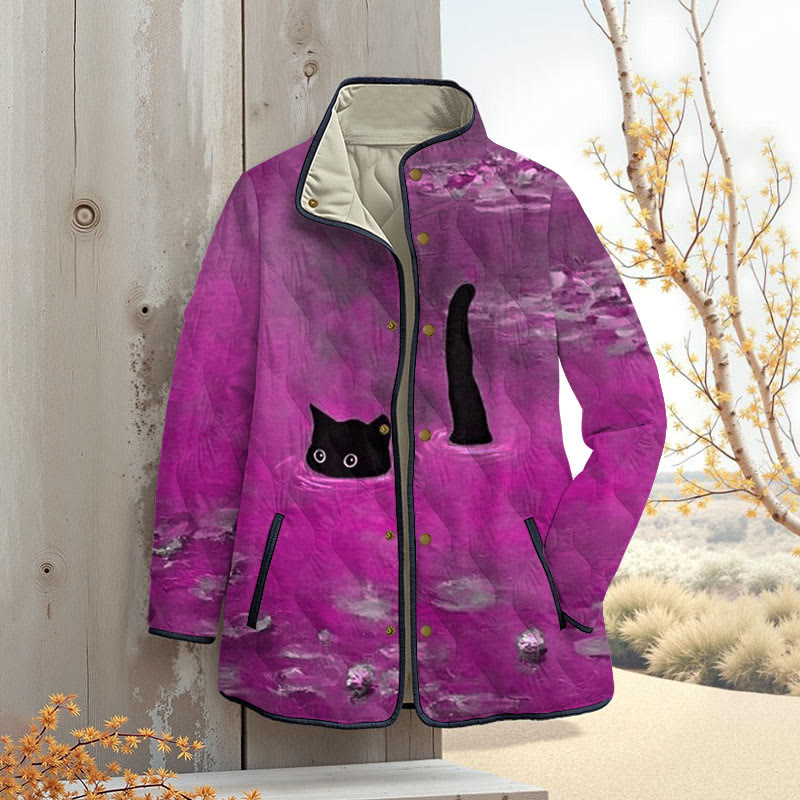 Women's Oil Painting Cat Print Outerwear Jackets - Purple - 4XL - image 5