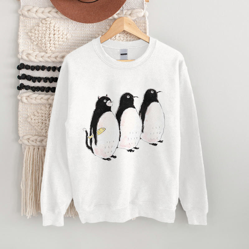 100% Cotton Cute Cosplay Penguin Cat Print Casual Fleece Women's Sweatshirt - White - 2XL - image 4