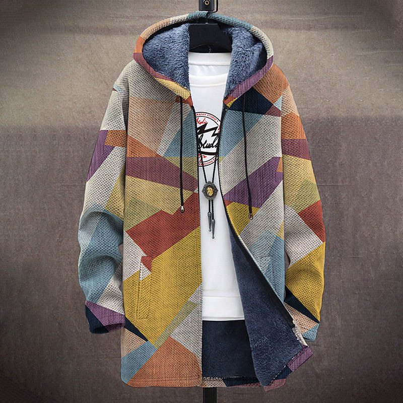 Retro Irregular Geometric Color Block Pattern Print Unisex Plush Thick Long-sleeved Fleece Jacket Coat - image 2