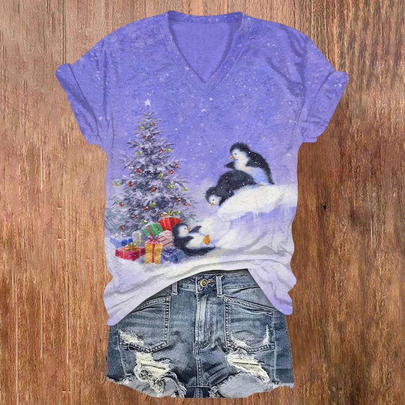 Cute Baby Penguins Playing Under Christmas Tree Print V-neck T-shirt - Purple - US32-34(5XL) - image 3