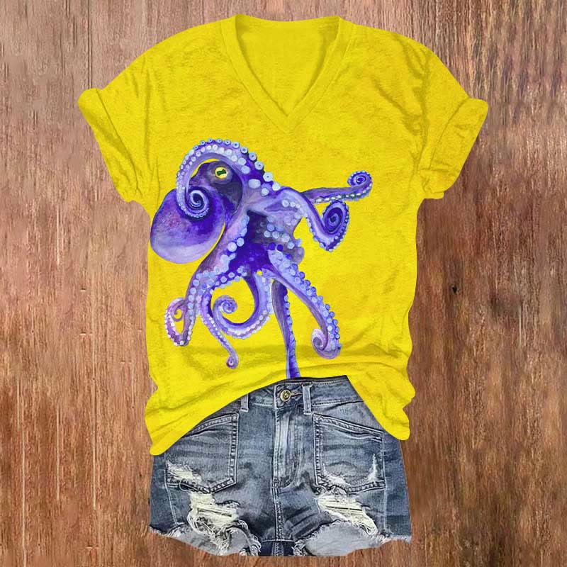 Ocean Artistic Octopus Print V-neck T-shirt - Yellow - US32-34(5XL) - image 2